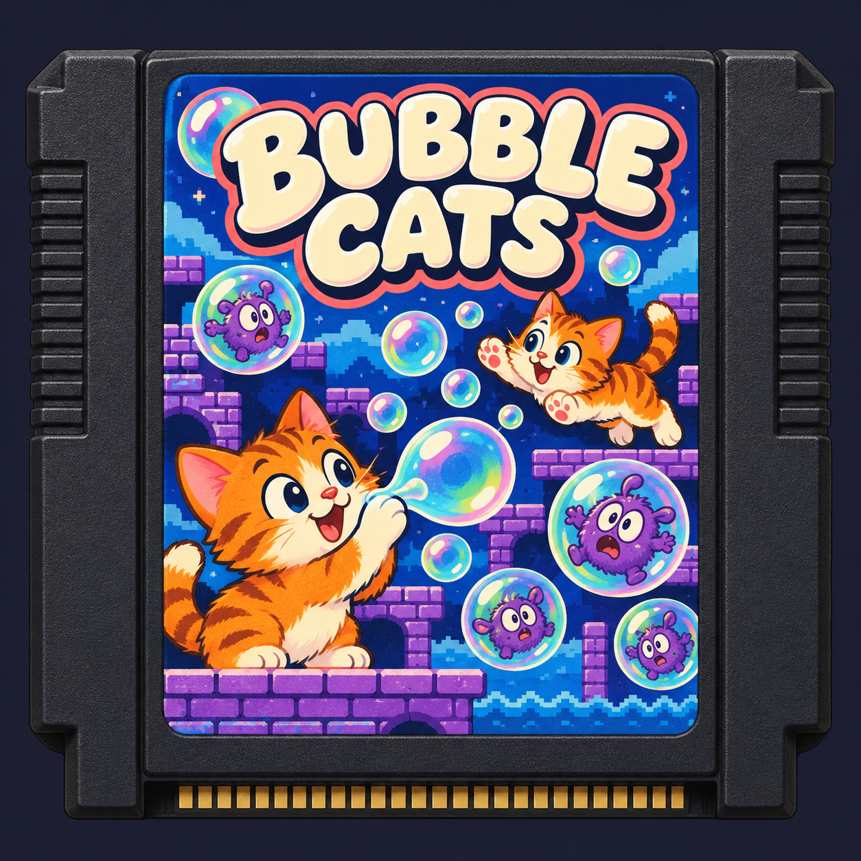 Illustrated Bubble Cats cartridge with orange kittens and floating bubbles