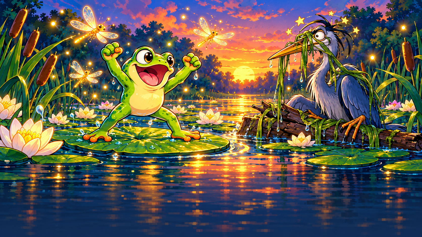 The frog celebrates on a lily pad beside the dazed heron with reeds tangled around its beak