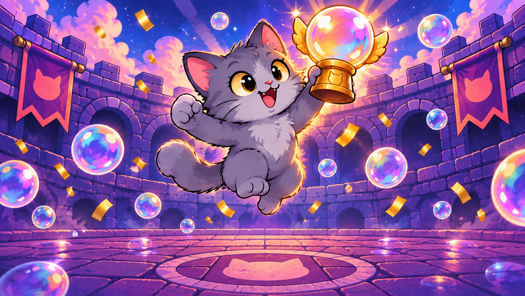 Grey cat celebrates with the golden Bubble Cup trophy