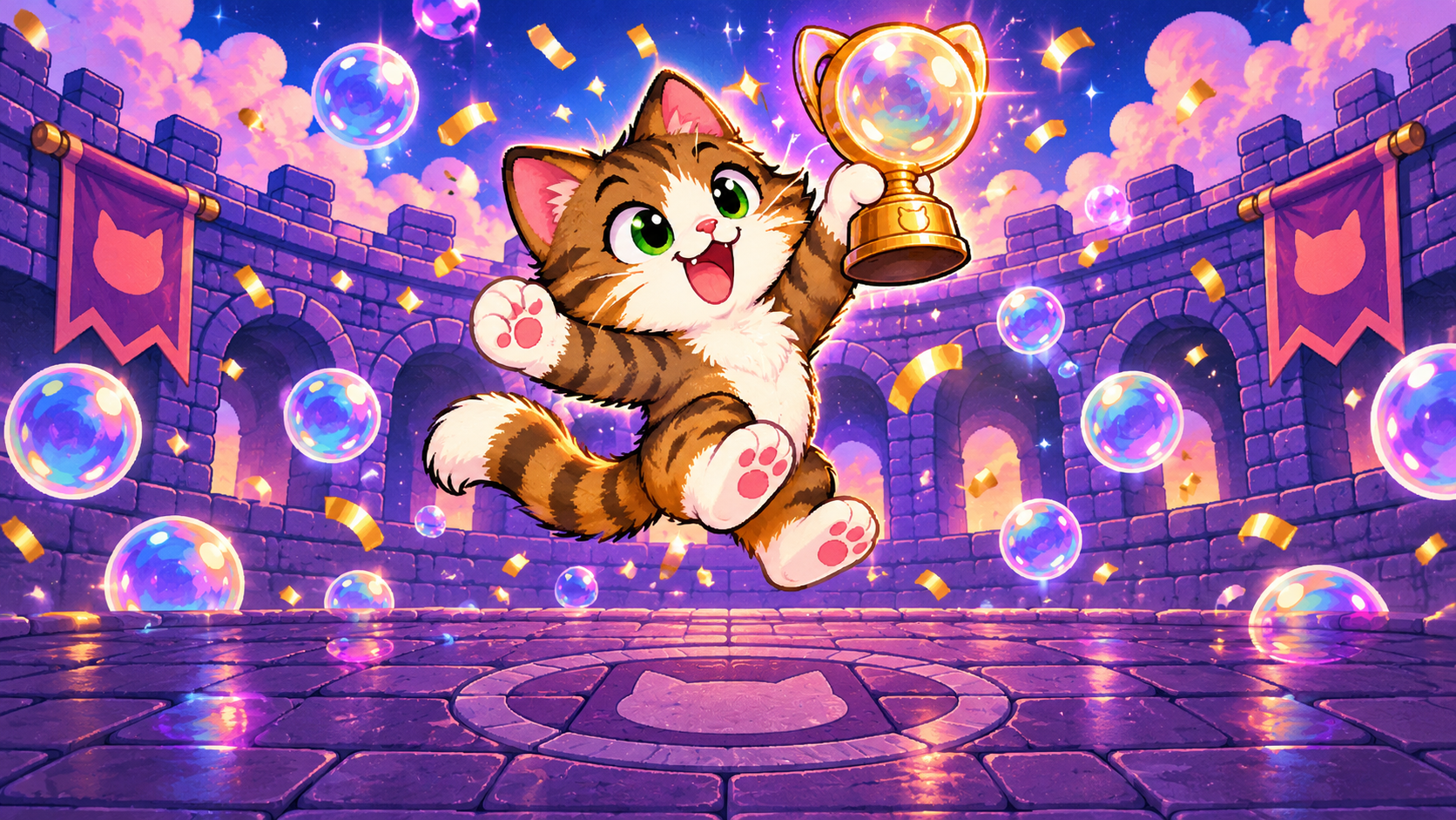 Tabby cat celebrates with the golden Bubble Cup trophy