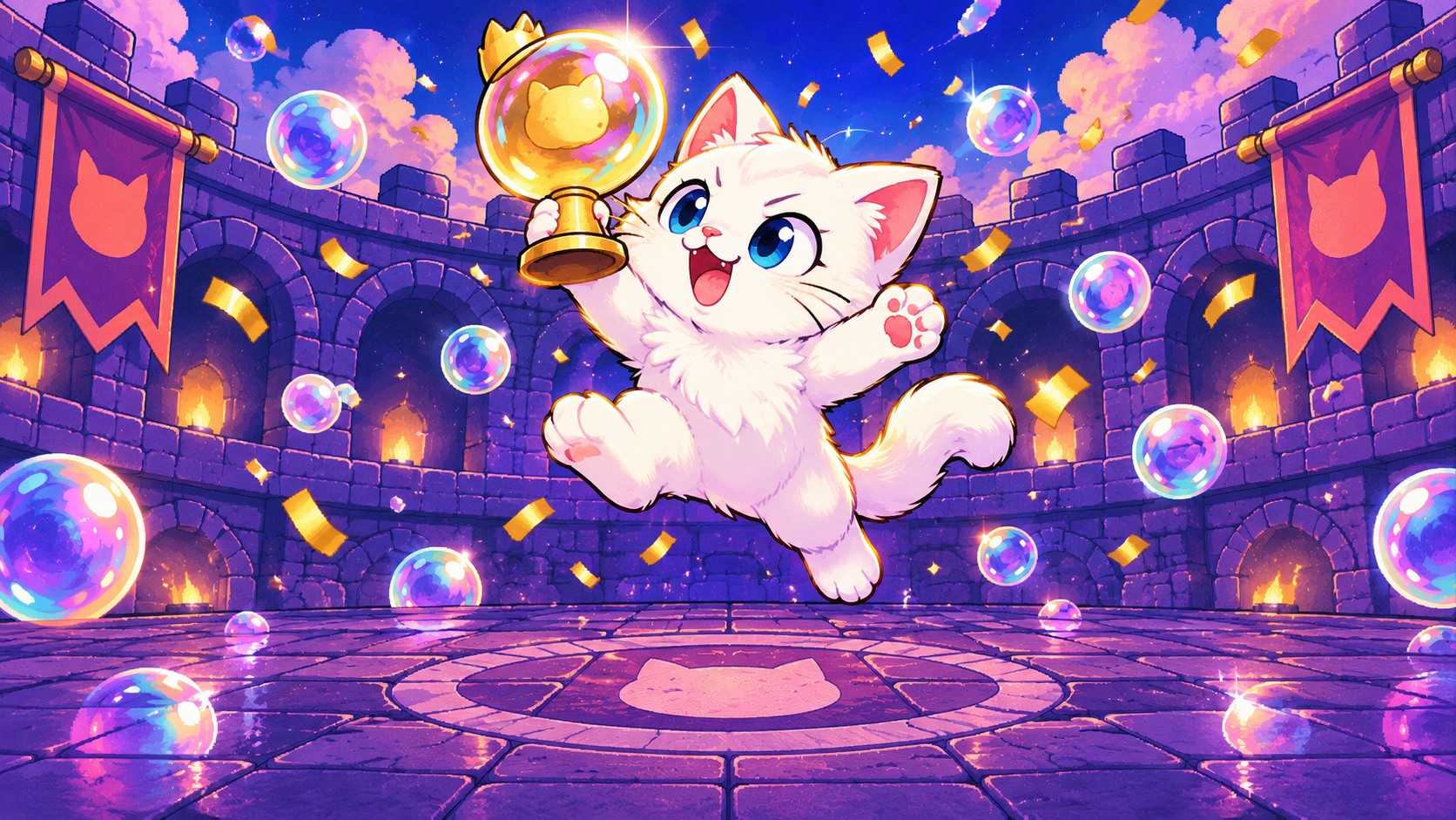 White cat celebrates with the golden Bubble Cup trophy
