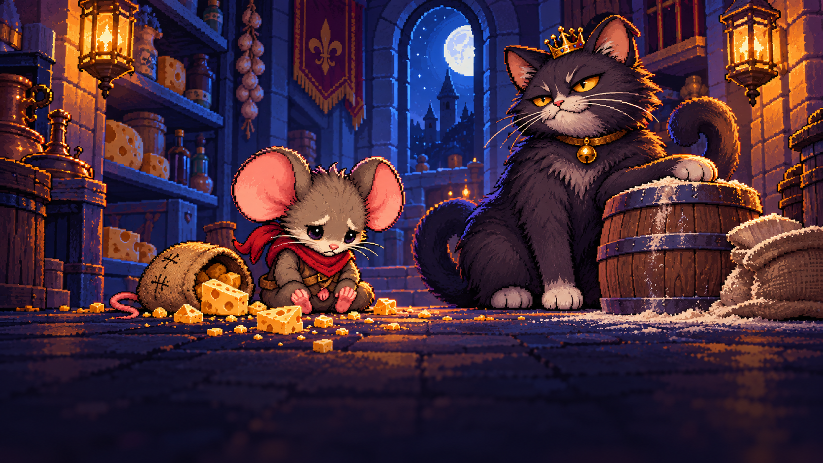 Mouse looks defeated in the Royal Cat pantry