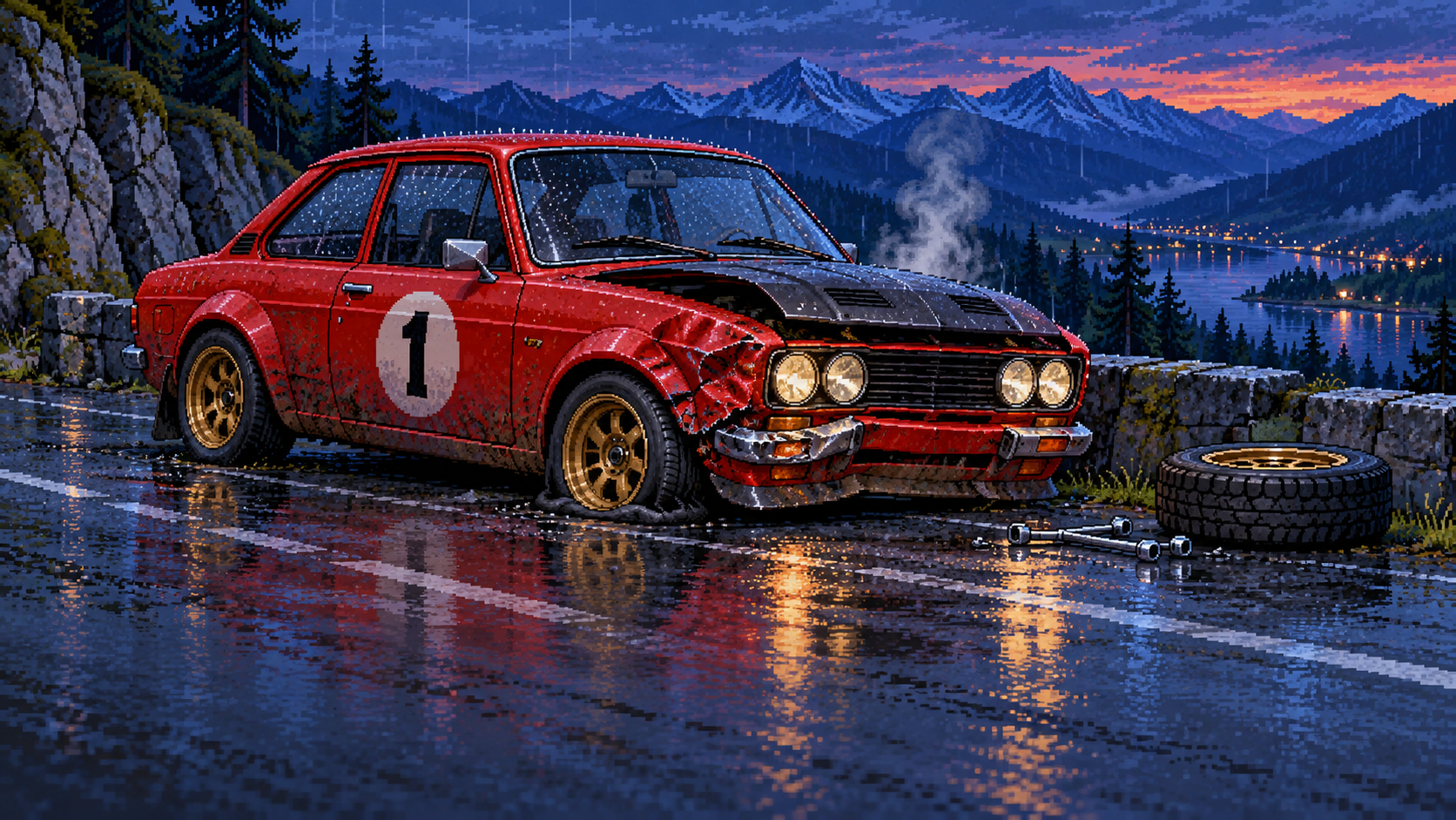 Battered red rally car rests beside the mountain road after a tough race