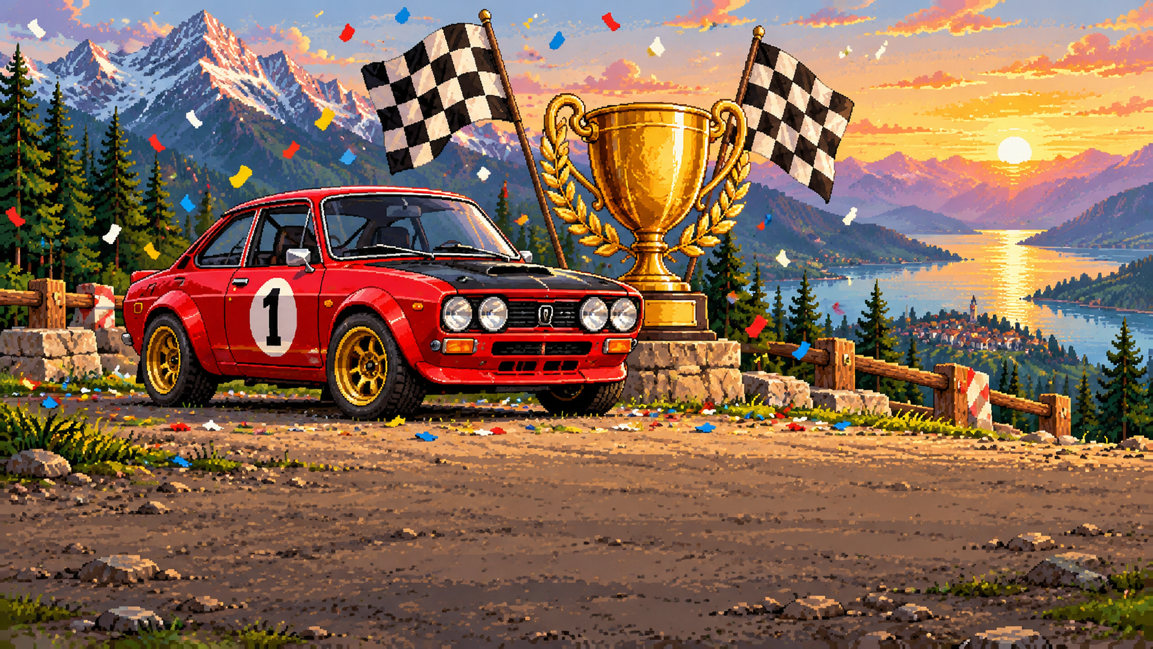 Red rally car celebrates at the mountain finish line with a golden trophy