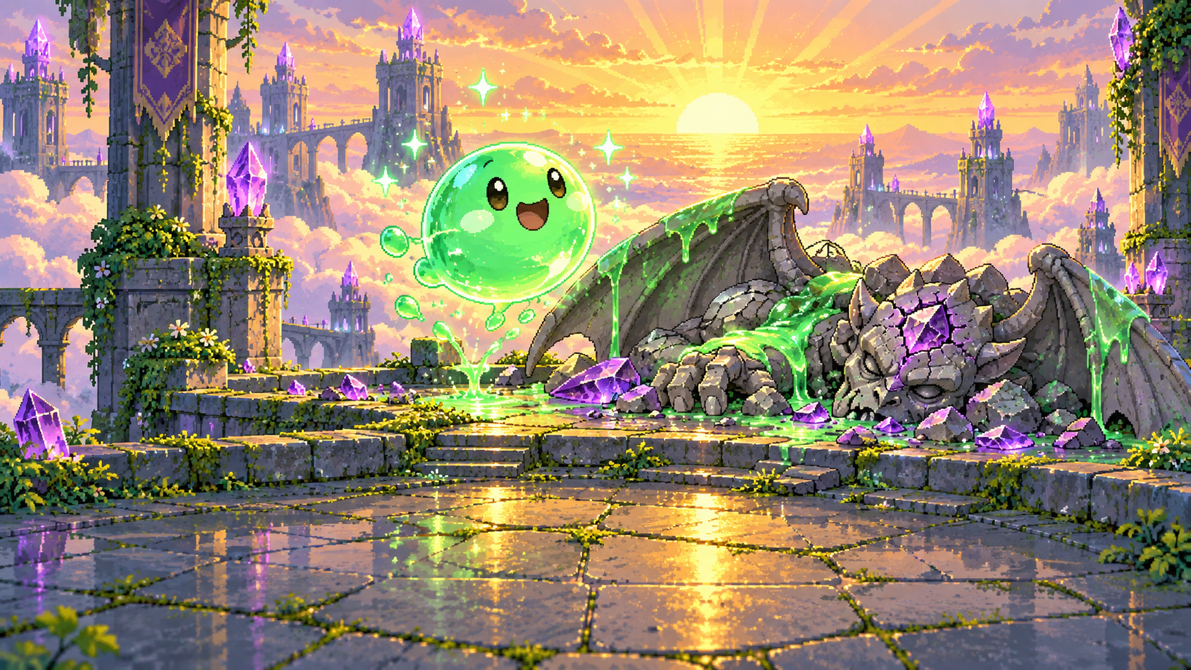Slime celebrates on the tower summit beside the slime-covered defeated gargoyle